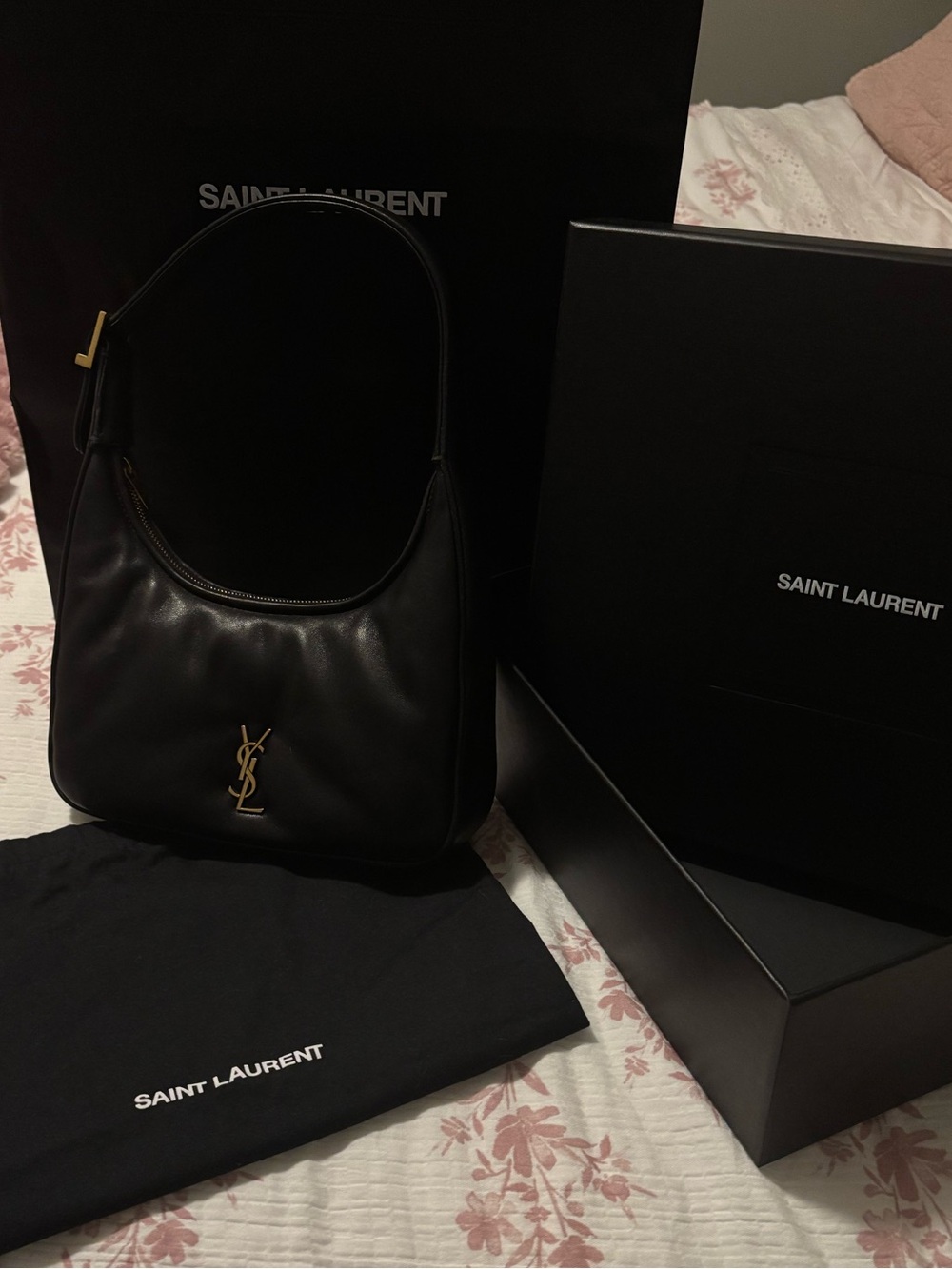 Saint Laurent Black Leather Hobo Bag with Gold YSL Emblem
